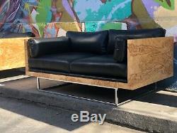 Signed PAIR OF Milo Baughman Sofa's Burl Wood & Black Leather Love Seats