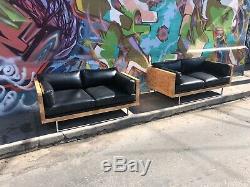 Signed PAIR OF Milo Baughman Sofa's Burl Wood & Black Leather Love Seats