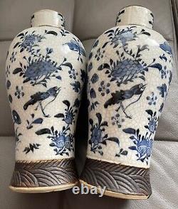 Signed Pair Chinese Qing Dynasty Underglaze Blue & White Vases c. 1850