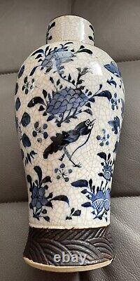 Signed Pair Chinese Qing Dynasty Underglaze Blue & White Vases c. 1850