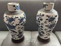 Signed Pair Chinese Qing Dynasty Underglaze Blue & White Vases c. 1850