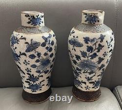 Signed Pair Chinese Qing Dynasty Underglaze Blue & White Vases c. 1850
