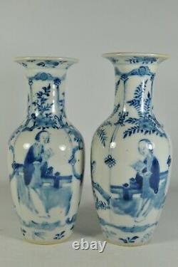 Signed Pair Fine Antique China Chinese Blue White Porcelain Vase Scholar Art