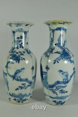 Signed Pair Fine Antique China Chinese Blue White Porcelain Vase Scholar Art