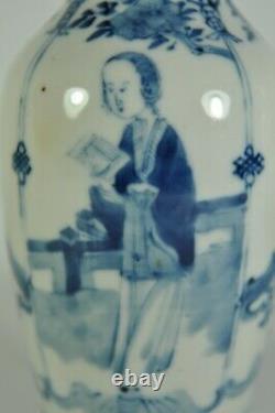Signed Pair Fine Antique China Chinese Blue White Porcelain Vase Scholar Art