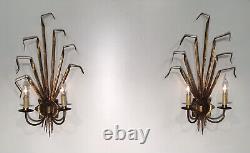 Signed Pair Large Mid Century Handcrafted Gilded 2 Lights Sconces From Spain