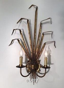 Signed Pair Large Mid Century Handcrafted Gilded 2 Lights Sconces From Spain