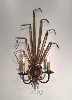 Signed Pair Large Mid Century Handcrafted Gilded 2 Lights Sconces From Spain