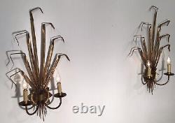 Signed Pair Large Mid Century Handcrafted Gilded 2 Lights Sconces From Spain