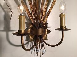 Signed Pair Large Mid Century Handcrafted Gilded 2 Lights Sconces From Spain