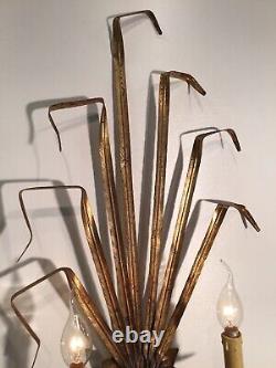 Signed Pair Large Mid Century Handcrafted Gilded 2 Lights Sconces From Spain