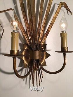 Signed Pair Large Mid Century Handcrafted Gilded 2 Lights Sconces From Spain