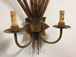 Signed Pair Large Mid Century Handcrafted Gilded 2 Lights Sconces From Spain