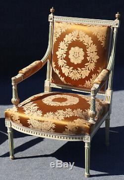 Signed Pair Maison Jansen Paint Decorated Silk Damask Armchairs Fauteuil C1890s