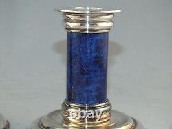 Signed Pair Of Puiforcat France Silver Plate & Blue Enamel Candlesticks