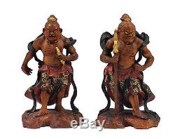 Signed Pair o Antique Japanese Nio Carved Wood Statues Agyo & Ungyo