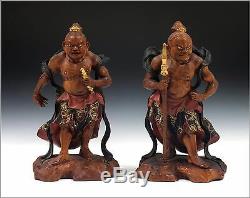 Signed Pair o Antique Japanese Nio Carved Wood Statues Agyo & Ungyo