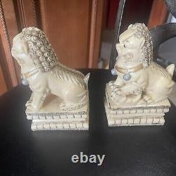 Signed Pair of Antique Chinese Carved Stone Foo Dogs Statues Fo Stone Fu Dog