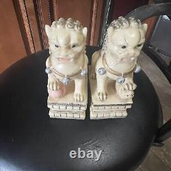 Signed Pair of Antique Chinese Carved Stone Foo Dogs Statues Fo Stone Fu Dog