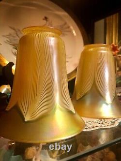 Signed Quezal, Pair Of Lovely Iridescent Art Glass Shade