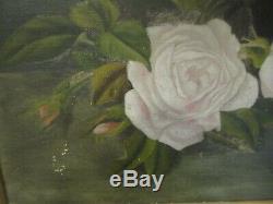 Signed Victorian Rose Oil Painting Pair Gilt Wood Frames 2.5 deep Lewis 1891
