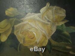 Signed Victorian Rose Oil Painting Pair Gilt Wood Frames 2.5 deep Lewis 1891