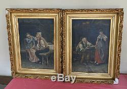 Signed Vintage Pair European Oil Paintings On Board Man Woman Read Description
