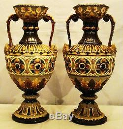 Signed Wilhelm Strauss & Sons Pair of Continental Antique Majolica Vases