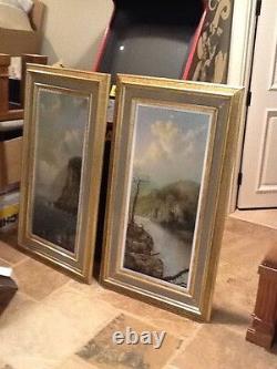 Signed pair of antique 19th C landscape oil on canvas painting\s