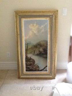 Signed pair of antique 19th C landscape oil on canvas painting\s