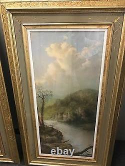 Signed pair of antique 19th C landscape oil on canvas painting\s