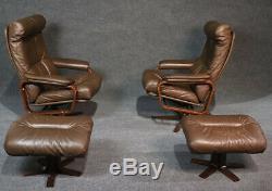 Skippers Mobler Pair Leather Signed Danish Modern Reclining Chairs W Ottomans