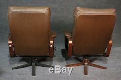Skippers Mobler Pair Leather Signed Danish Modern Reclining Chairs W Ottomans