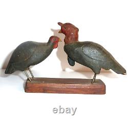 Small Antique Folk Art Hand Carved & Painted Wood Turkey Pair on Base Wire Legs