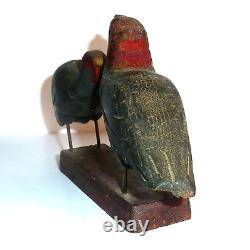 Small Antique Folk Art Hand Carved & Painted Wood Turkey Pair on Base Wire Legs