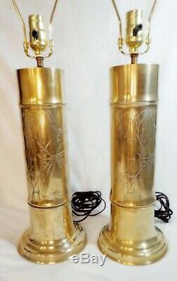 Solid Brass Etched Bird & Bamboo MID Century Signed Pair Lamps