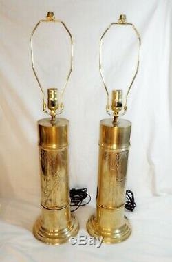 Solid Brass Etched Bird & Bamboo MID Century Signed Pair Lamps