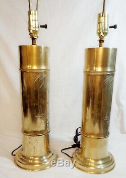 Solid Brass Etched Bird & Bamboo MID Century Signed Pair Lamps