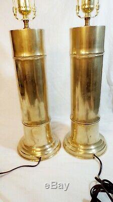 Solid Brass Etched Bird & Bamboo MID Century Signed Pair Lamps