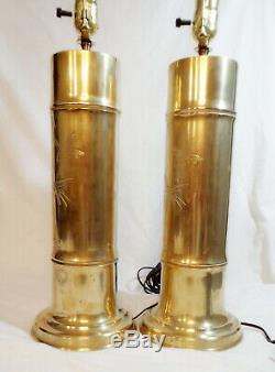 Solid Brass Etched Bird & Bamboo MID Century Signed Pair Lamps