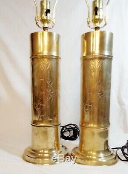 Solid Brass Etched Bird & Bamboo MID Century Signed Pair Lamps