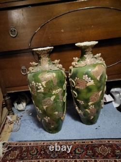 Spring Sale! Rare Pair Of Large Signed Antique Japanese Satsuma Leaf Vases 18x8x7