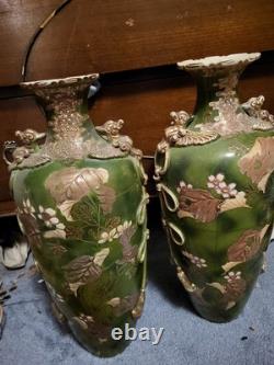 Spring Sale! Rare Pair Of Large Signed Antique Japanese Satsuma Leaf Vases 18x8x7