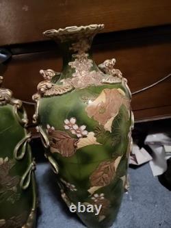 Spring Sale! Rare Pair Of Large Signed Antique Japanese Satsuma Leaf Vases 18x8x7