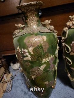 Spring Sale! Rare Pair Of Large Signed Antique Japanese Satsuma Leaf Vases 18x8x7