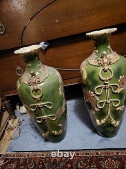 Spring Sale! Rare Pair Of Large Signed Antique Japanese Satsuma Leaf Vases 18x8x7