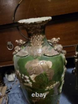Spring Sale! Rare Pair Of Large Signed Antique Japanese Satsuma Leaf Vases 18x8x7