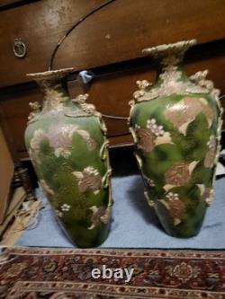 Spring Sale! Rare Pair Of Large Signed Antique Japanese Satsuma Leaf Vases 18x8x7
