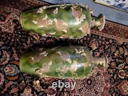 Spring Sale! Rare Pair Of Large Signed Antique Japanese Satsuma Leaf Vases 18x8x7