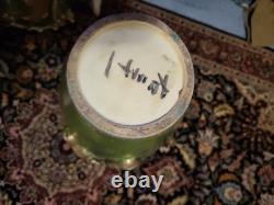 Spring Sale! Rare Pair Of Large Signed Antique Japanese Satsuma Leaf Vases 18x8x7